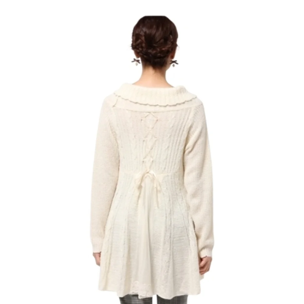 AXES FEMME ivory corset back lace ip design‎ knit sweater tunic top M